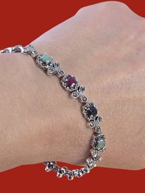 Natural Ruby 5x4mm, Emerald,‎ Sapphire, Marcasite 925 Sterling Silver Bracelet